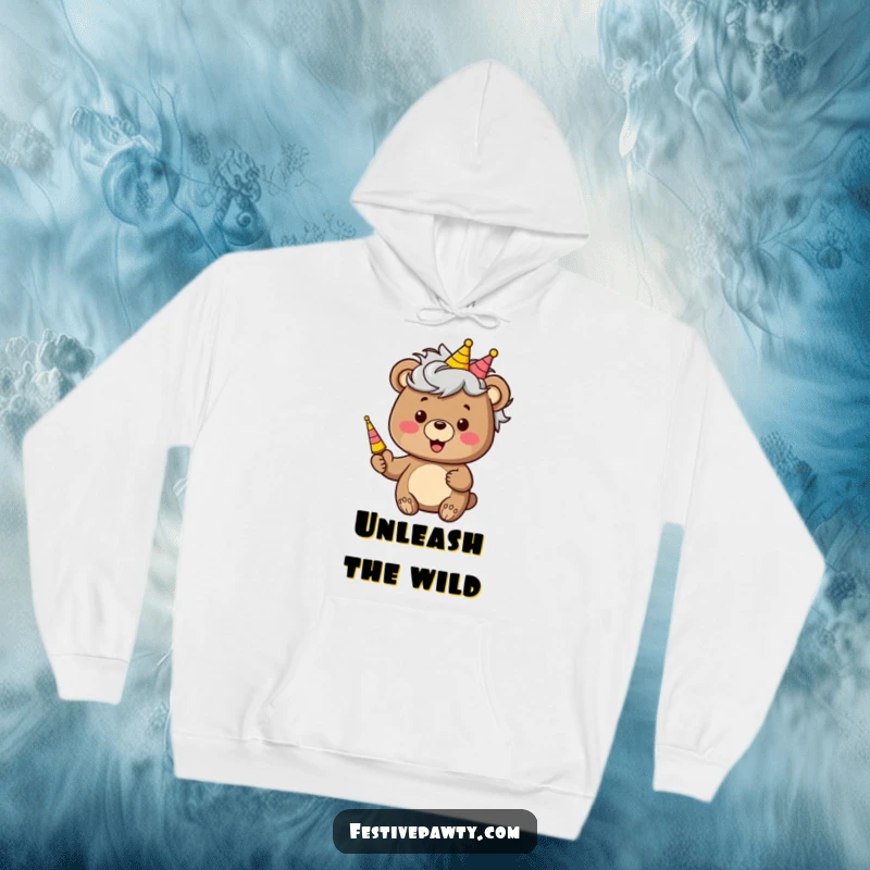 Funny hoodie depicting a happy bear character, complete with a wacky wig and a party horn, radiating cheerful party vibes.
