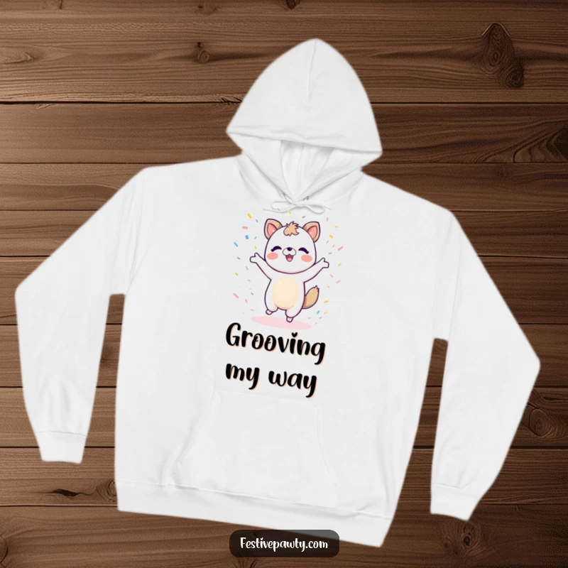 Funny animal character hoodie featuring a joyful dance pose with confetti falling, perfect for cozy celebration.