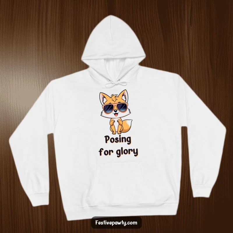Funny hoodie showcasing a giggling fox sporting oversized sunglasses and striking a fierce diva pose, blending warmth with high fashion.