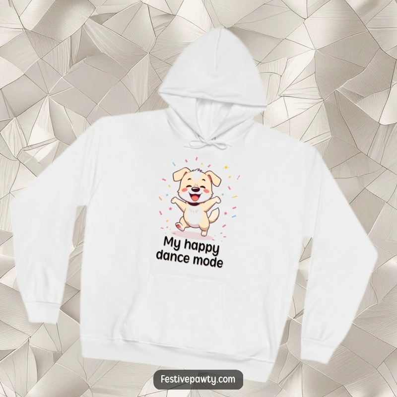 Funny hoodie depicting a jubilant dog dancing with a furiously wagging tail amidst a festive confetti blizzard, radiating cheerful energy.
