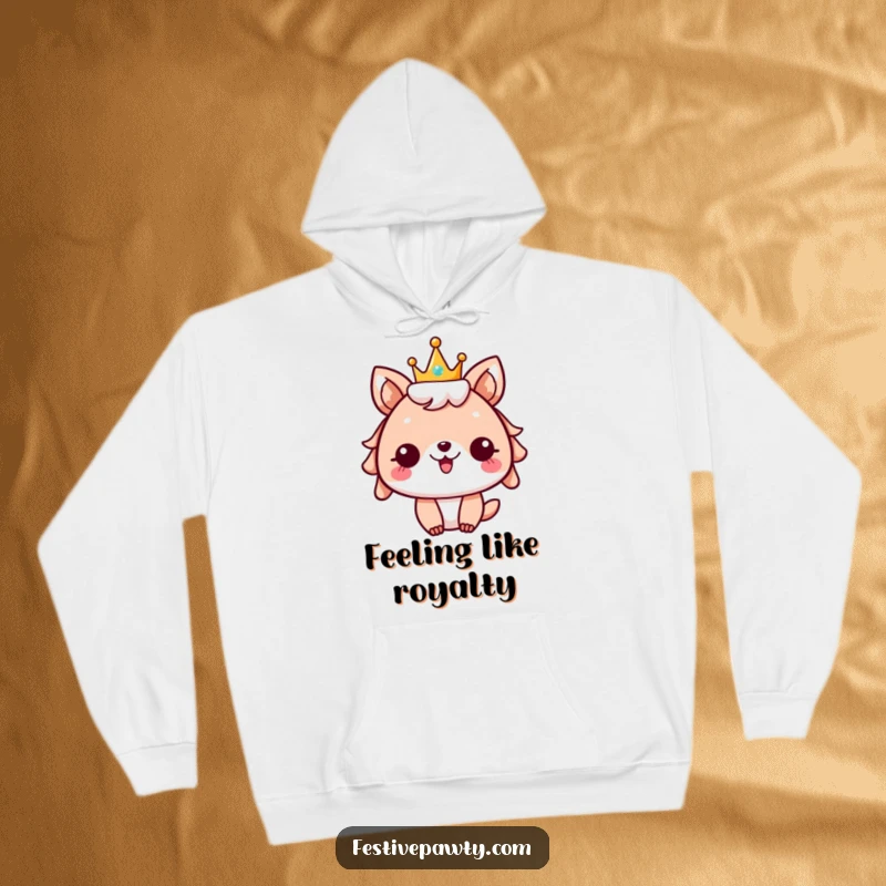 Funny festive animal hoodie, character wearing a sparkly crown, cheering with wide eyes and a happy expression, perfect for cozy celebrations.