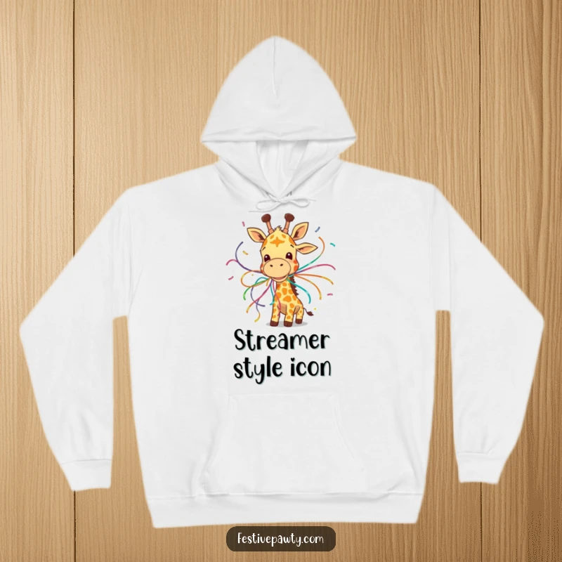 Funny hoodie showcasing a giggling giraffe comically entwined in a vibrant array of colorful party streamers.