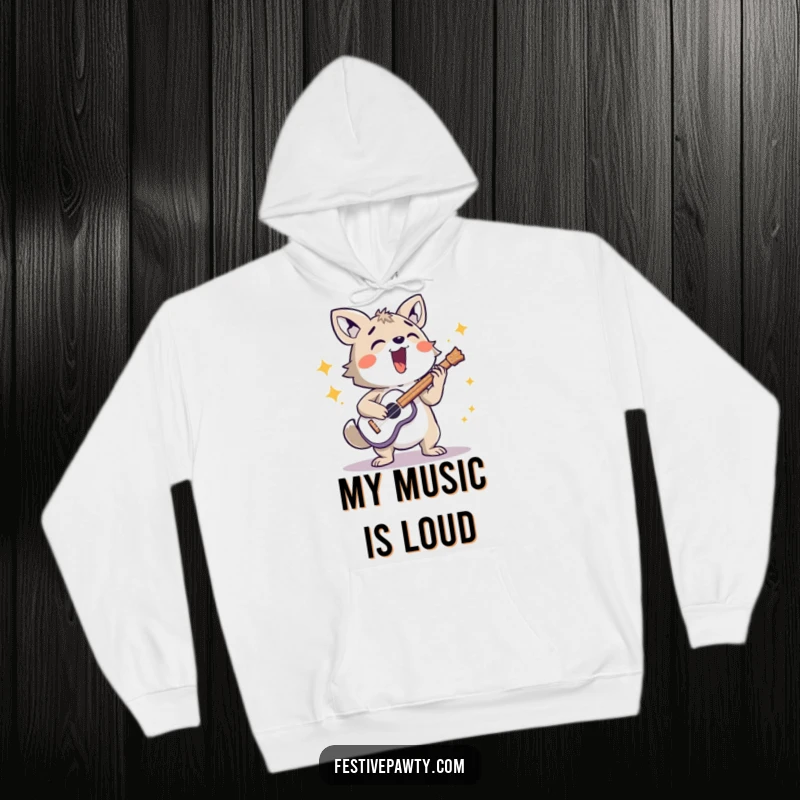 Funny energetic animal character hoodie, energetically playing a loud musical instrument, perfect for music lovers.