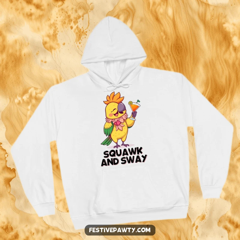 Funny Hoodie featuring a giggling parrot wearing a flamboyant feathered boa, happily dancing with a cocktail, perfect for cozy celebrations.