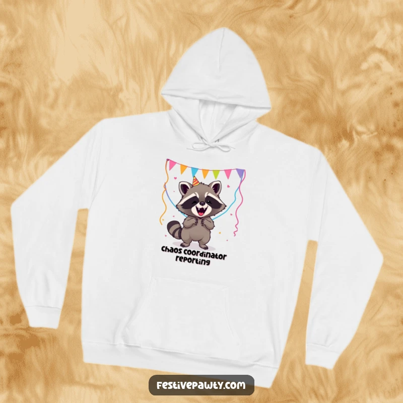 Funny Raccoon Hoodie: A comical raccoon is caught mid-party, hilariously failing to control a cascade of colorful streamers.