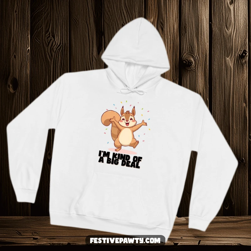 Funny hoodie depicting a dynamic squirrel executing a cartwheel amidst a flurry of confetti, radiating energy and triumphant fun.