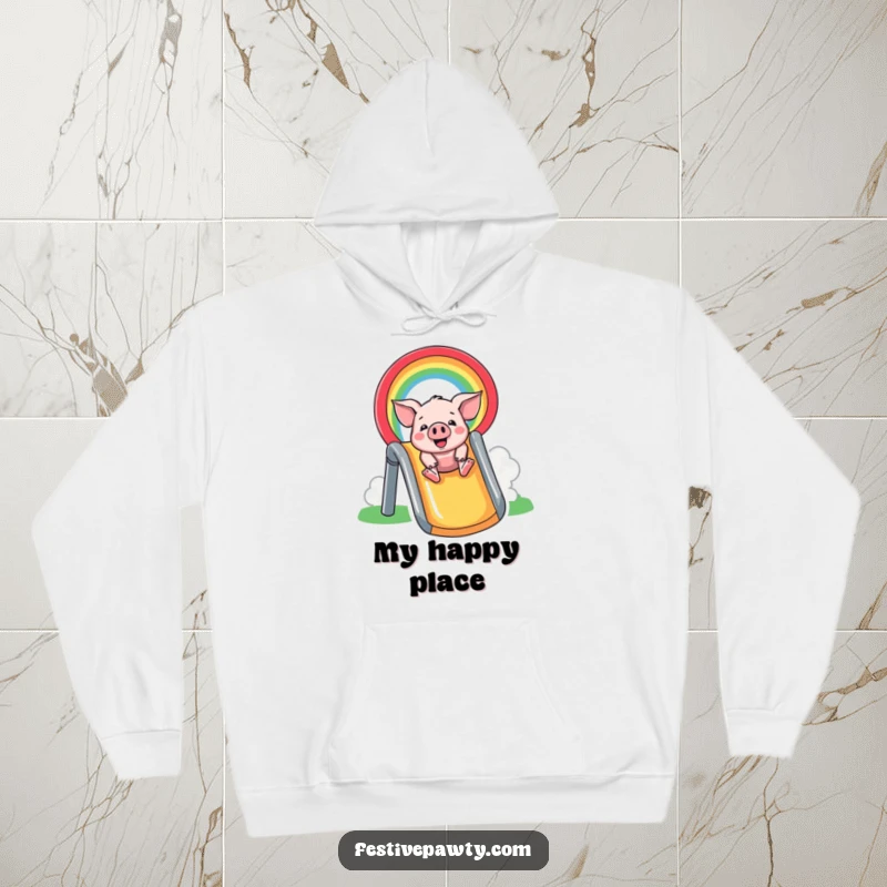 Funny Hoodie: A joyful pig slides down a vibrant rainbow, designed for ultimate comfort and a dose of hilarious happiness.
