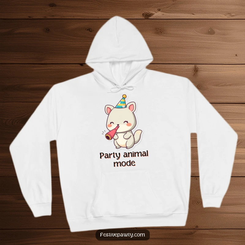 Funny animal character hoodie featuring a party hat and noisemaker, perfect for comfortable and festive wear.