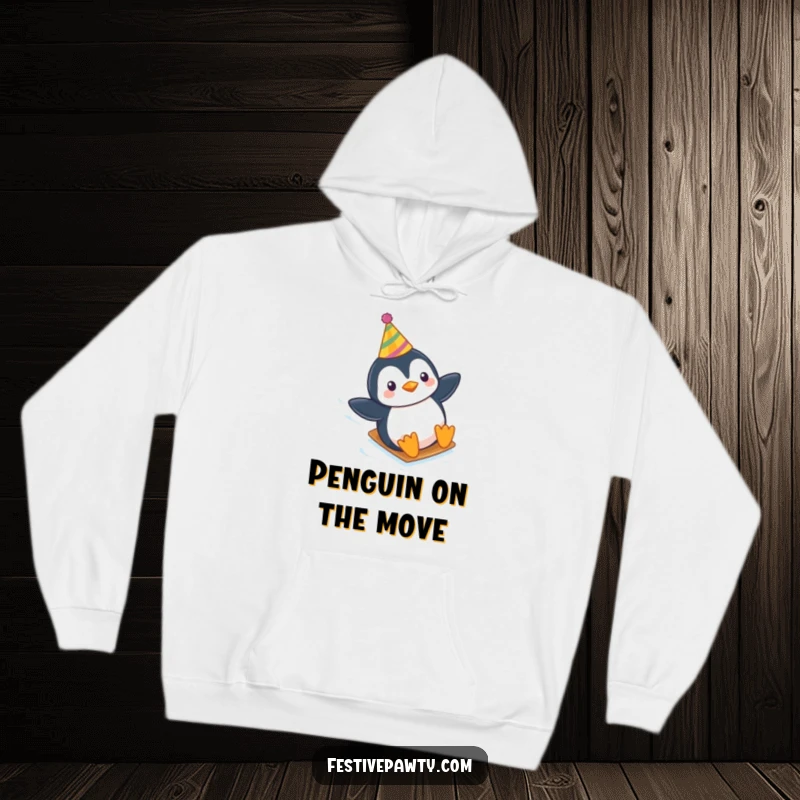 Funny hoodie displaying a happy penguin wearing a party hat, enjoying a thrilling slide down a snowy icy slope.