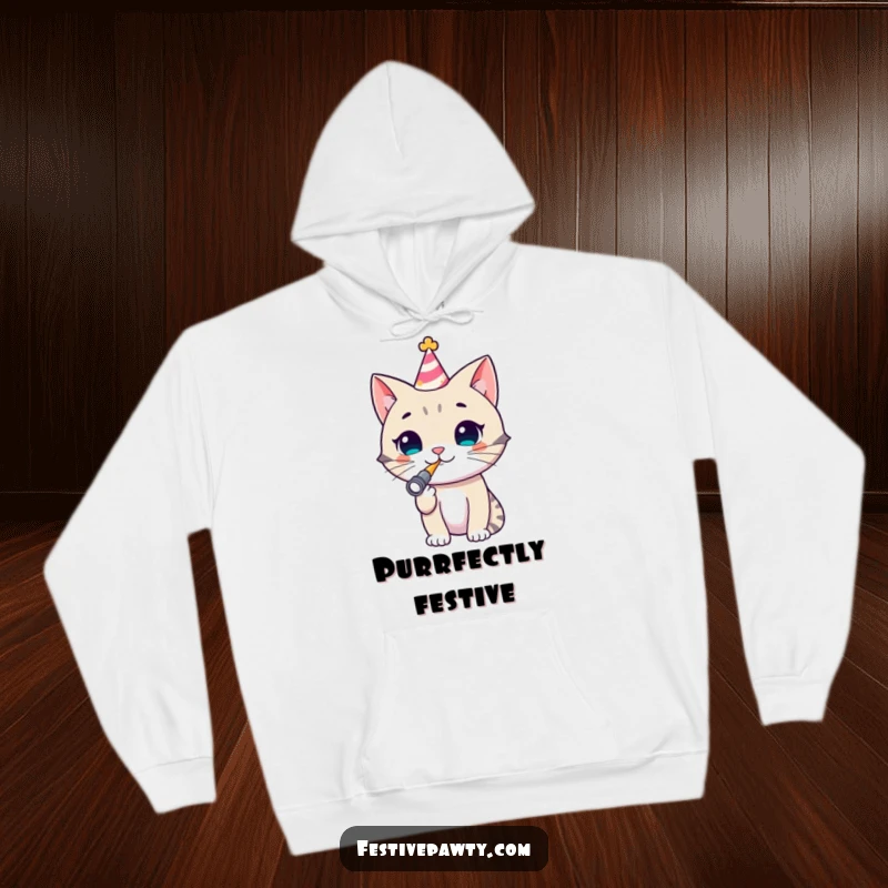 Funny Cat Hoodie: A comfortable and warm hoodie featuring a cheerful cat wearing a party hat and blowing a noisemaker, ideal for festive vibes.