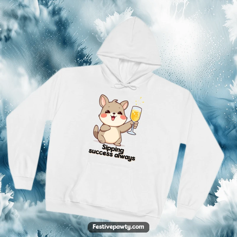 Funny delighted animal character hoodie, raising a glass of fizzy drink to toast, offering comfort and celebratory vibes.