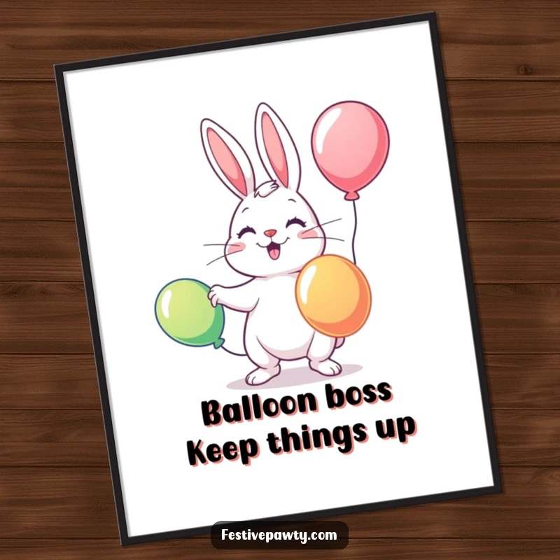 Funny free printable wall art of a delightful rabbit character juggling three vibrant balloons, adding a playful touch to any room.