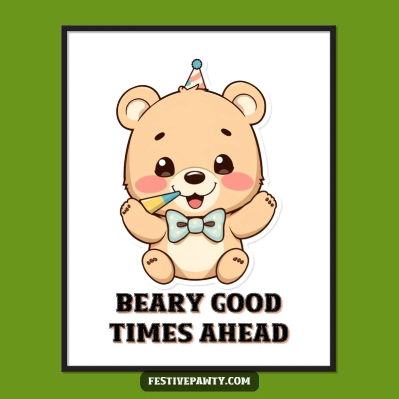 Funny Free Printable Wall Art: Bear Cub Blowing Party Horn Downloadable Decor for a Cheerful Room