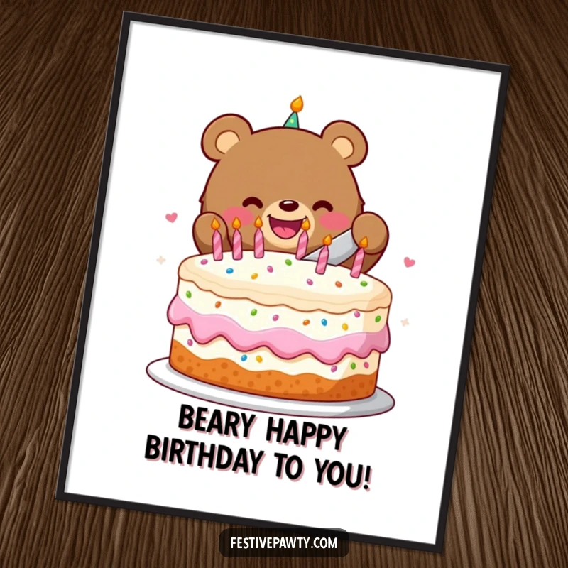 Funny Free Printable Wall Art: A happy bear beaming as it slices a giant, festive birthday cake, bringing joy to any room.