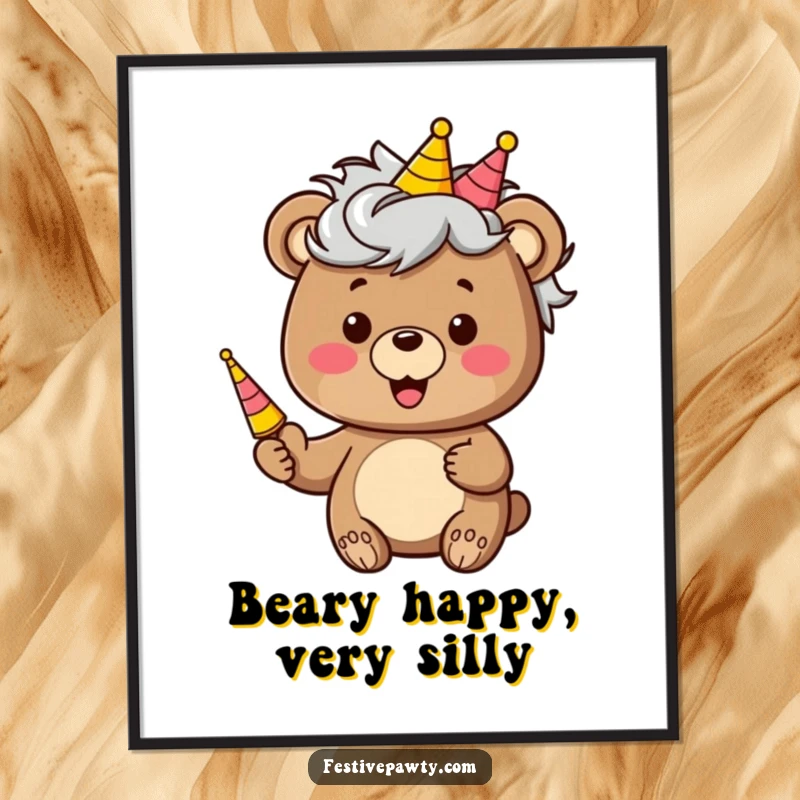 Funny Free Printable Wall Art: A bear sports a ridiculous wig and blows a party horn, creating a vibrant and hilarious downloadable piece.