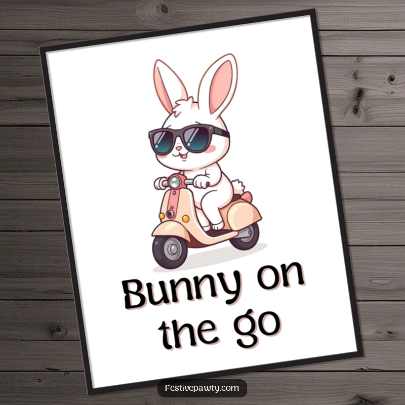 Funny Free Printable Wall Art: A cheerful bunny wearing sunglasses rides a tiny scooter down a scenic path, looking cool.
