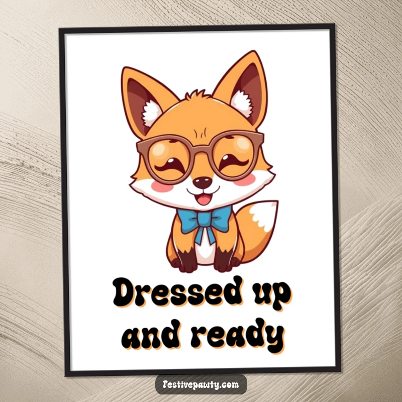 Funny Free Printable Wall Art: A joyful fox character looks dashing in novelty glasses and a neat bow tie.