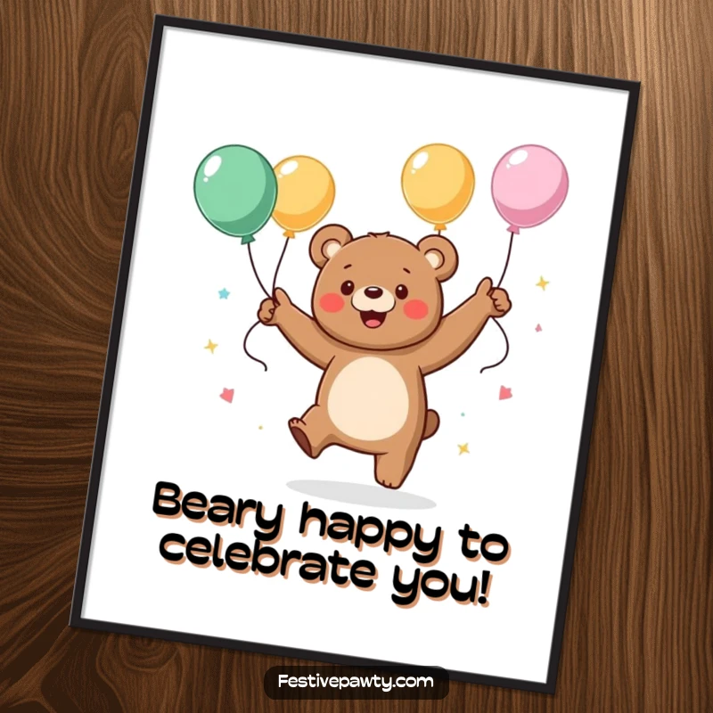 Funny Free Printable Wall Art: A bear doing an energetic happy dance amidst balloons and streamers, bringing party vibes home.