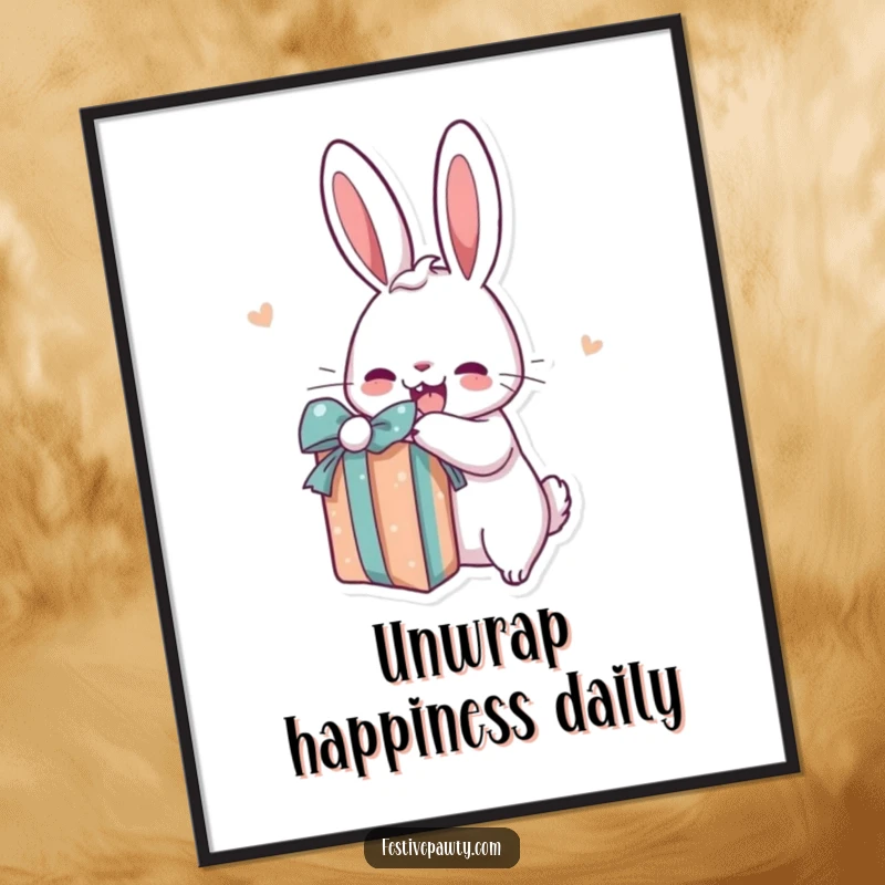 Funny Free Printable Wall Art: An excited cartoon rabbit with big ears happily tearing open a surprise gift box with delight.