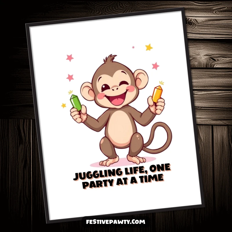 Funny Free Printable Monkey Wall Art: A cheerful monkey juggling many party poppers with hands and tail