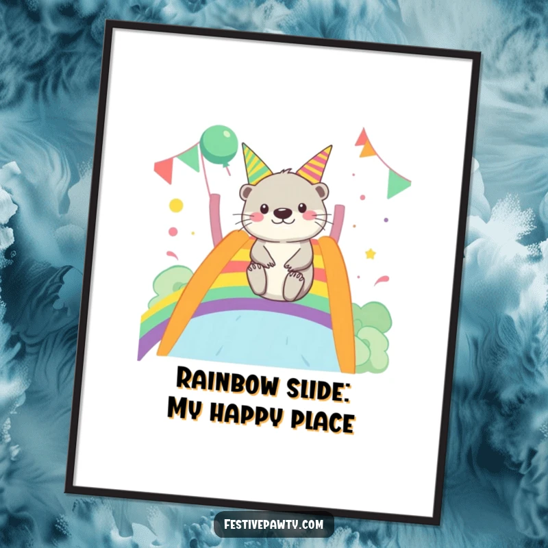 Funny Free Printable Wall Art of a happy otter sliding down a rainbow, perfect for adding a touch of playful joy to any space.