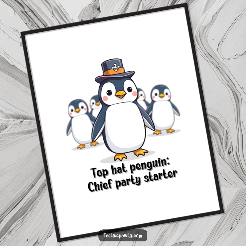 Funny Free Printable Penguin Conga Line Wall Art: A penguin in a top hat leads a lively conga line, bringing festive energy to your walls.
