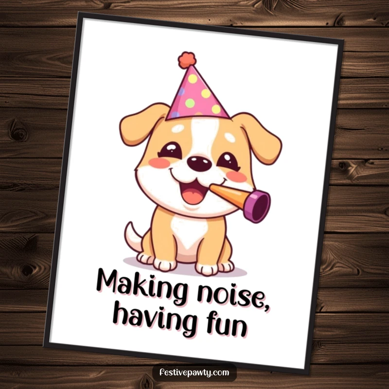Funny Free Printable Wall Art: Cheerful dog wearing a party hat, blowing a noisemaker with pure glee, a downloadable gift.