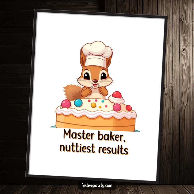 Funny free printable wall art of a mischievous squirrel wearing a chef hat, busily decorating a giant cake with playful flair.