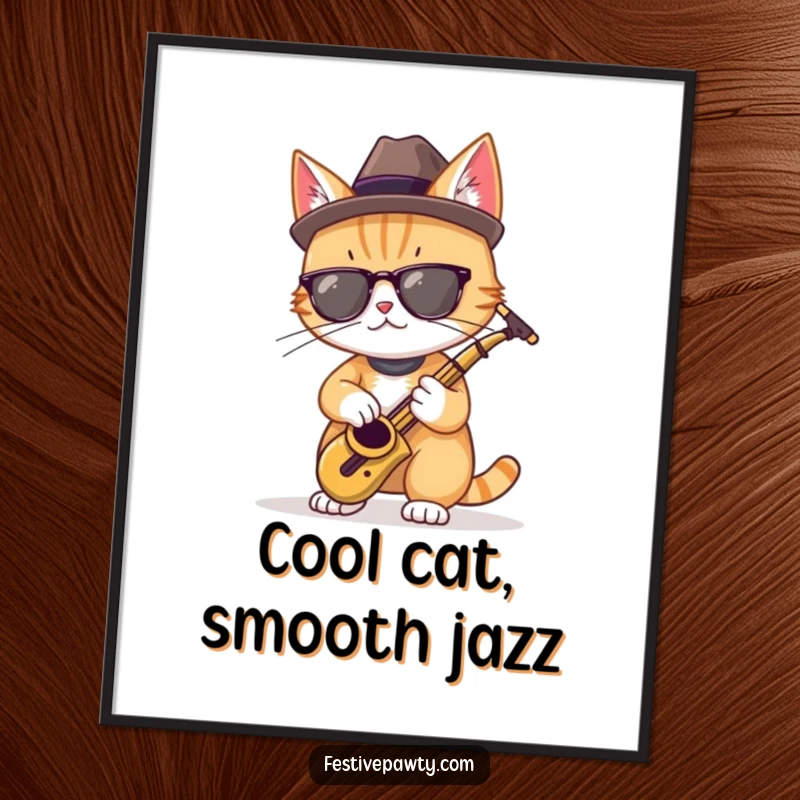 Funny free printable wall art of a cool cat wearing a fedora, playing a miniature saxophone with musical notes flowing elegantly.