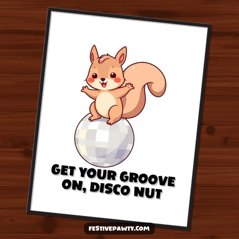 Funny Free Printable Wall Art: A squirrel in a disco pose, energetically dancing on a shimmering disco ball.