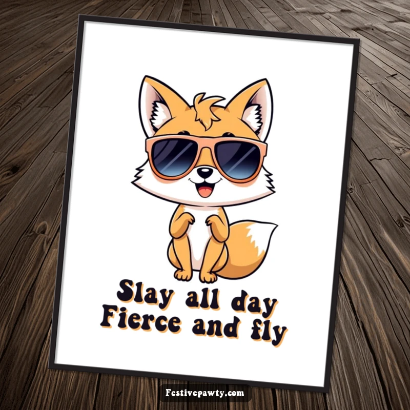 Funny free printable wall art of a giggling fox wearing huge sunglasses and striking a confident, glamorous diva pose.