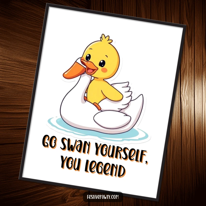 Funny Free Printable Wall Art: A duck rides an inflatable swan with pure glee, a humorous and charming artwork.