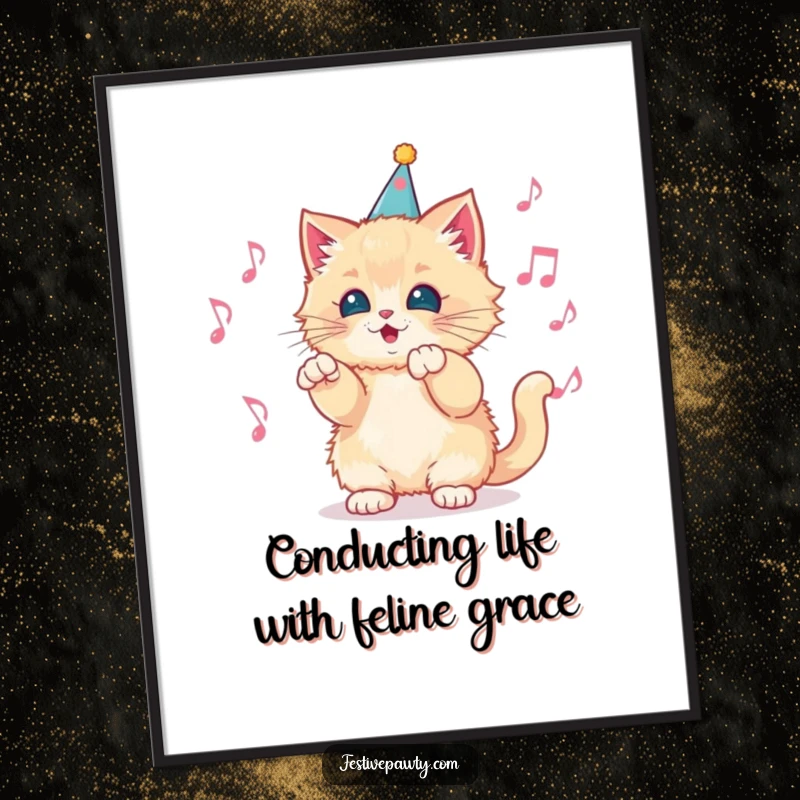 Funny Free Printable Wall Art: A fluffy kitten in a party hat enthusiastically conducting an orchestra of musical notes.
