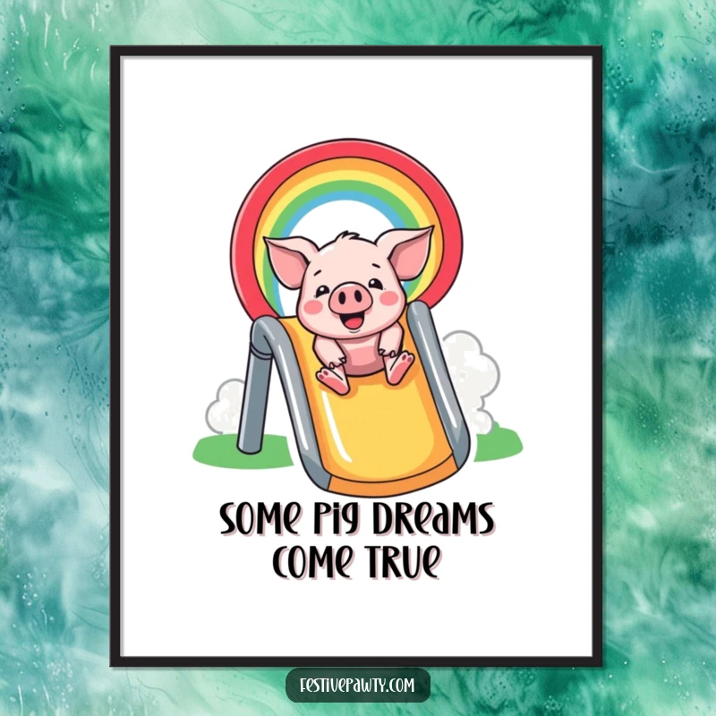 Funny Free Printable Wall Art: A cheerful pig gleefully slides down a bright rainbow, a perfect humorous decor piece.