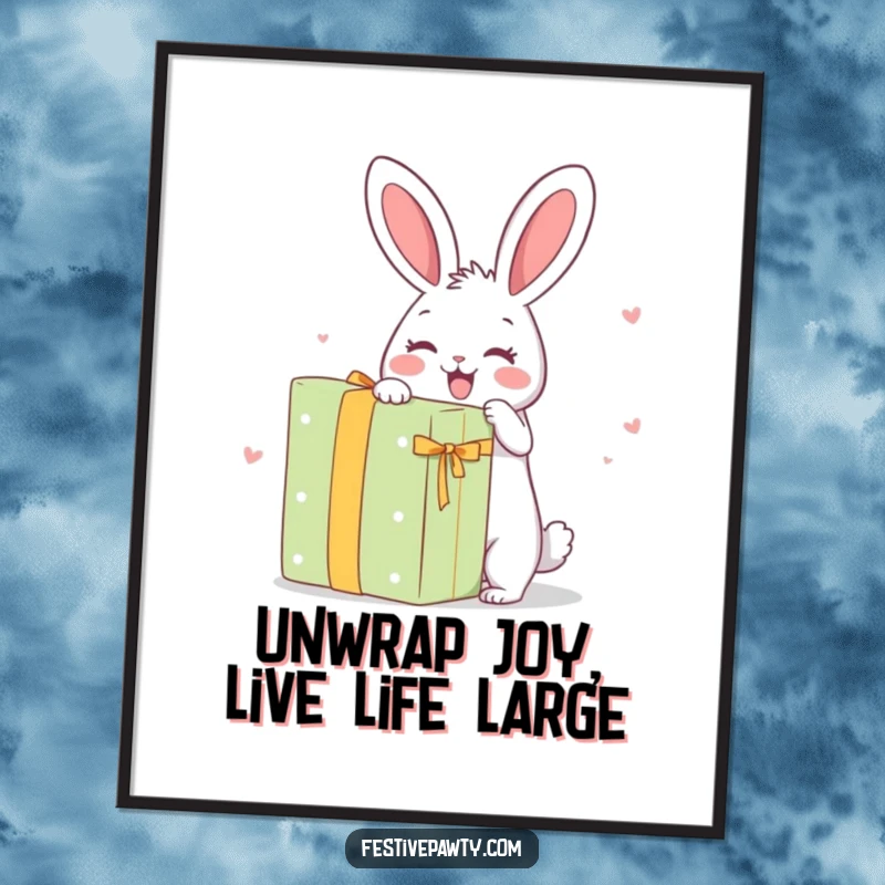 Funny Free Printable Wall Art: A thrilled rabbit gleefully opening an enormous, brightly wrapped gift box.