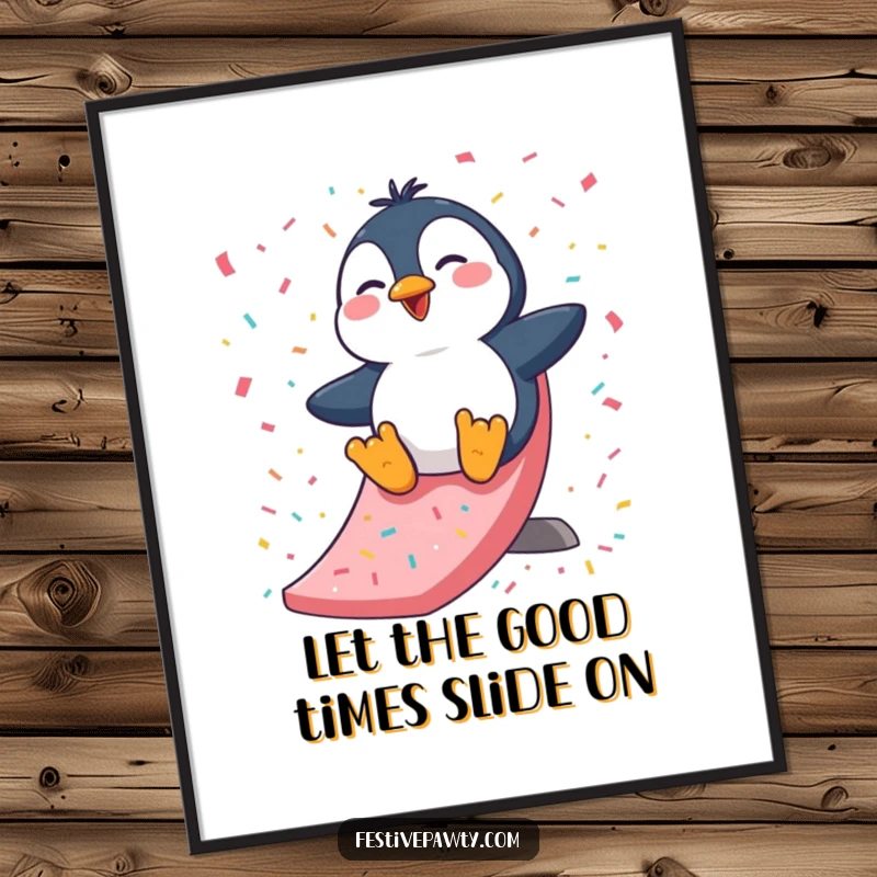 Funny Free Printable Wall Art: A giggling penguin joyfully slides down a vibrant, confetti-covered slide.