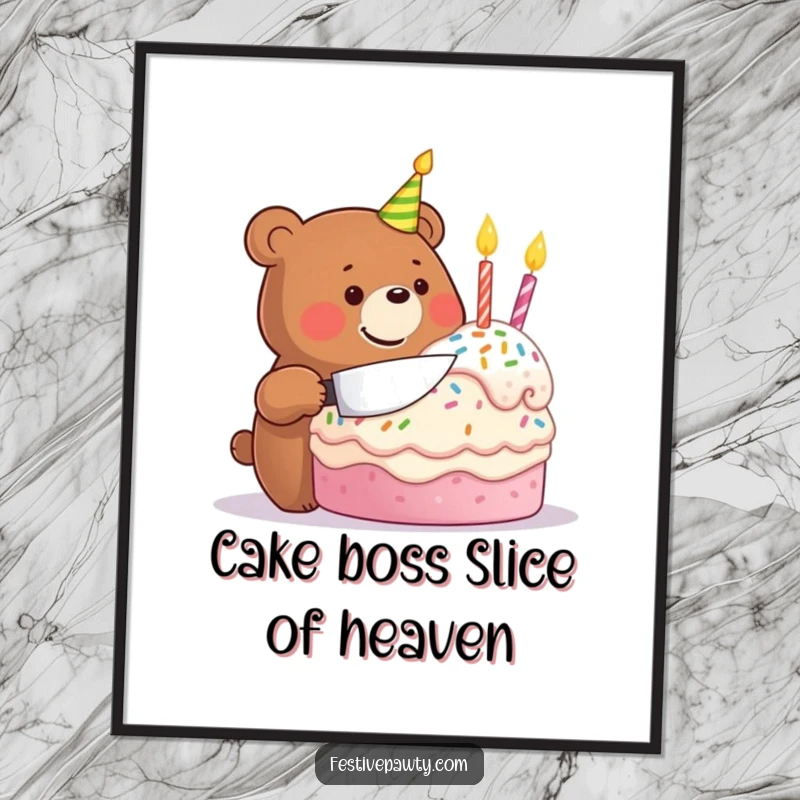 Funny free printable wall art of a joyful bear character smiling broadly while slicing into a huge, decorated birthday cake.