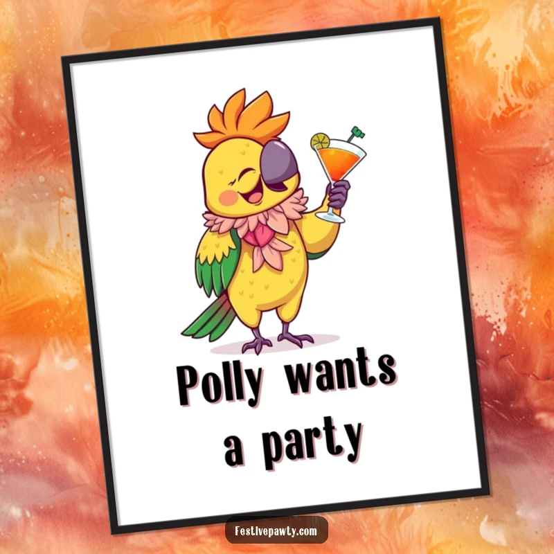 Funny Free Printable Wall Art: A giggling parrot wearing a flamboyant feathered boa dances with a cocktail, radiating party energy.