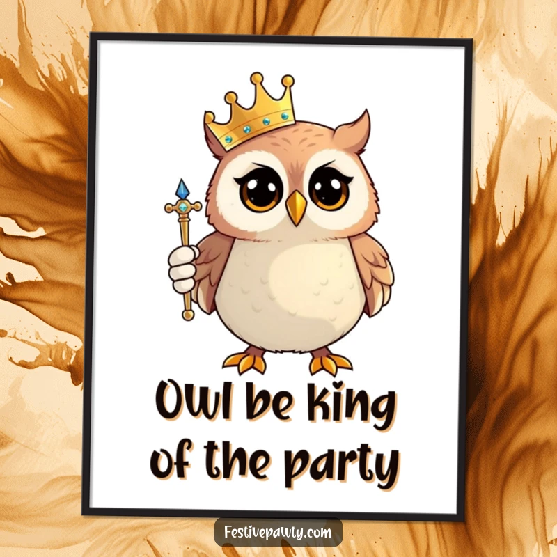 Funny Free Printable Wall Art: A proud owl character wearing a small crown and holding a sparkling scepter, exuding royalty.