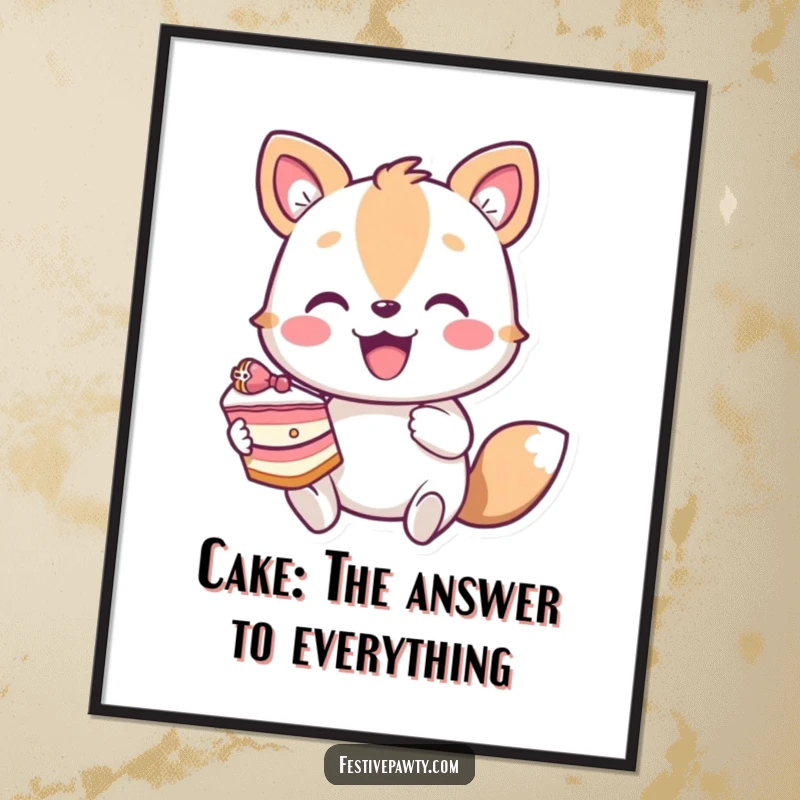 Funny Free Printable Wall Art: A smiling animal character passionately holding a huge slice of cake, ready to party.