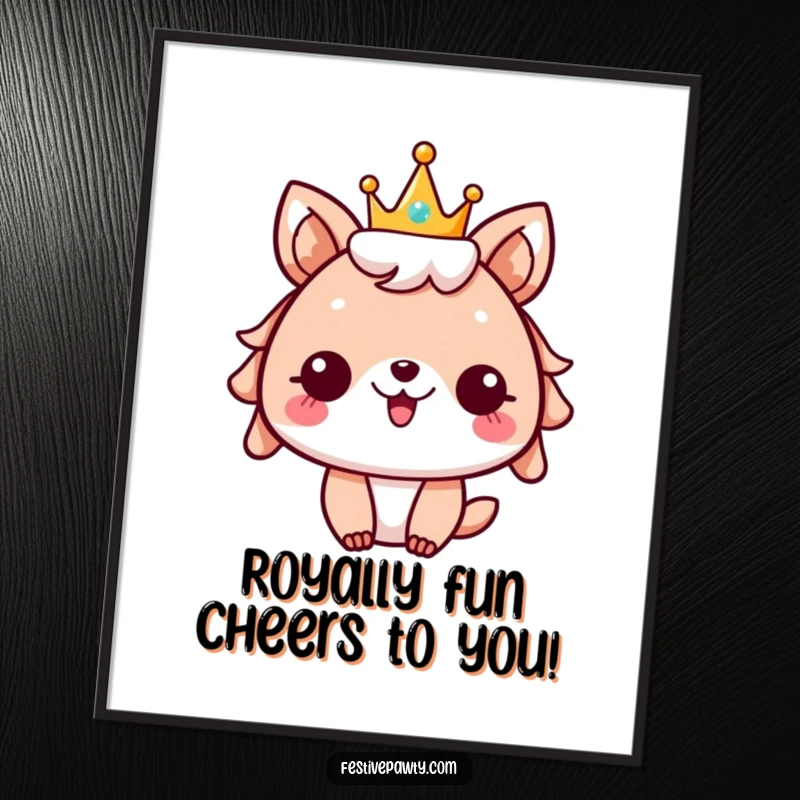 Funny Free Printable Wall Art: Festive animal character wearing a sparkly crown, cheering enthusiastically, bringing party vibes.
