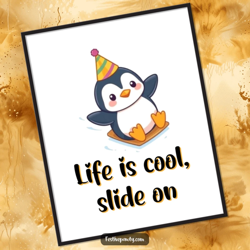 Funny Free Printable Wall Art: A penguin wearing a party hat slides comically down an icy slope, cool downloadable decor.