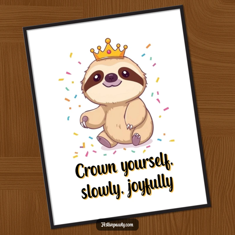 Funny free printable wall art: a cheerful sloth wearing a tiny crown slowly reaches for falling confetti.