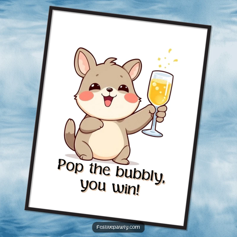 Funny Free Printable Wall Art: A delighted animal character joyfully raises a glass of sparkling drink in a toast.