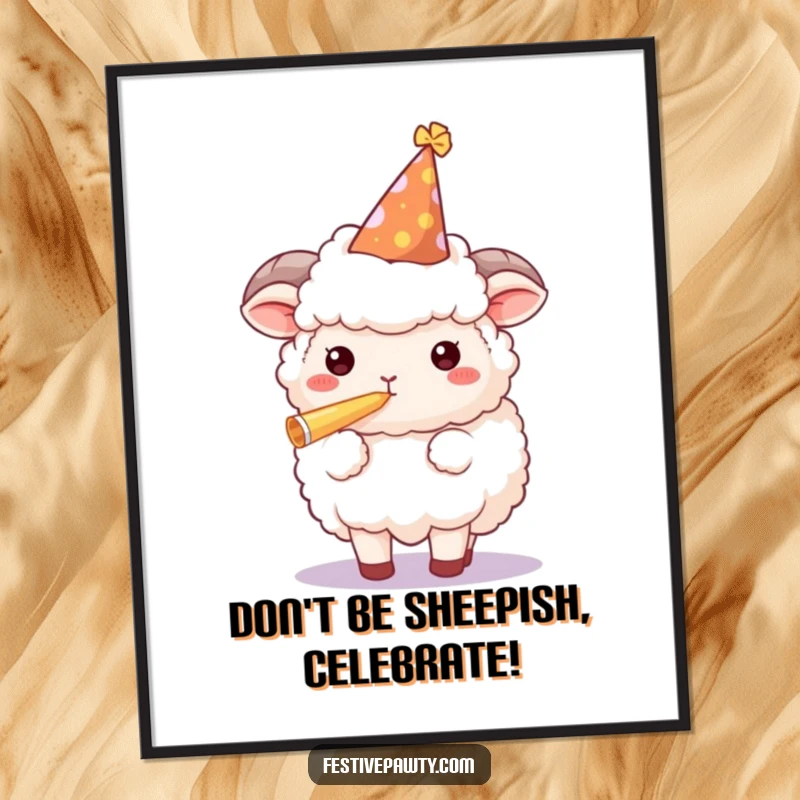 Funny Free Printable wall art of a fluffy sheep wearing a party hat and blowing a party horn with festive energy.