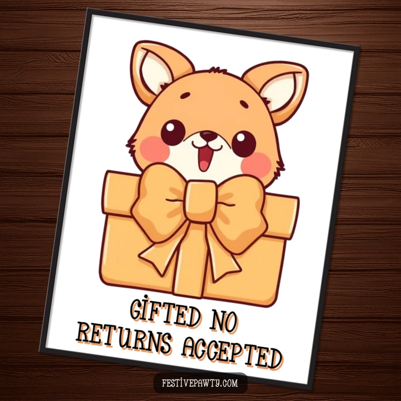 Funny Free Printable Wall Art: A curious animal character peeking out from behind an oversized, intriguing gift bow.