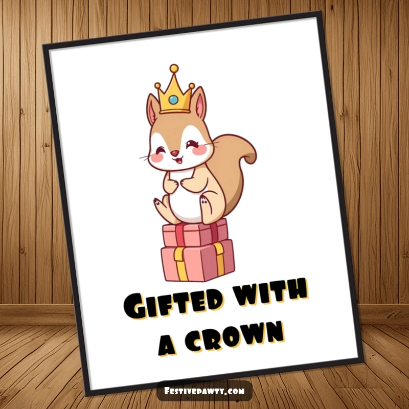 Funny free printable wall art of a squirrel wearing a tiny gold crown, perched majestically on a stack of wrapped gifts.