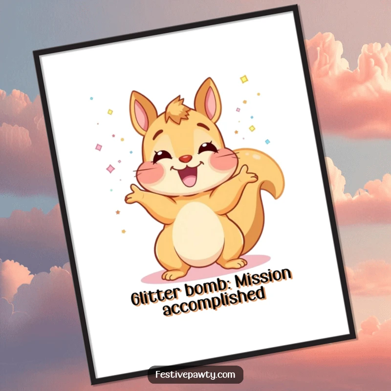 Funny Free Printable Wall Art of an ecstatic squirrel covering the frame with glitter, radiating infectious joy and energy.