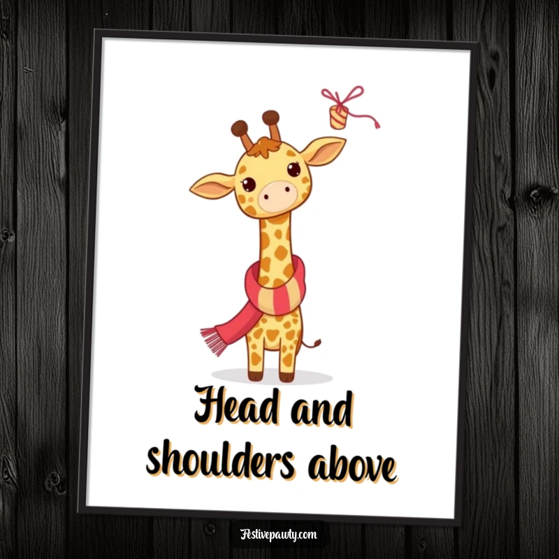 Funny free printable wall art of a giraffe wearing a colorful festive scarf, reaching up towards a high party streamer.