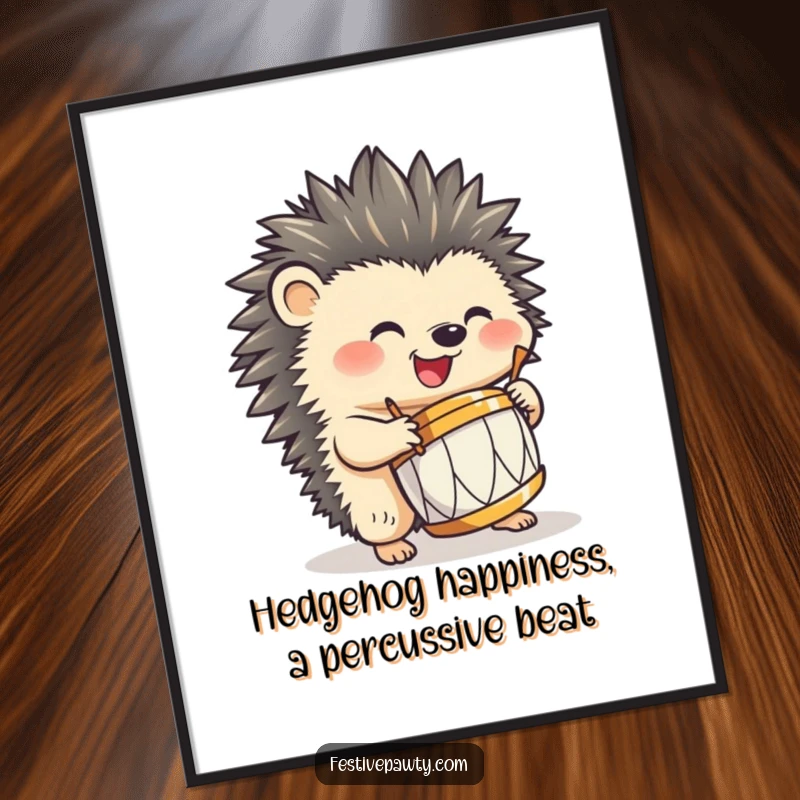 Funny Free Printable Wall Art: A happy hedgehog energetically playing a miniature drum kit with its spiky quills.